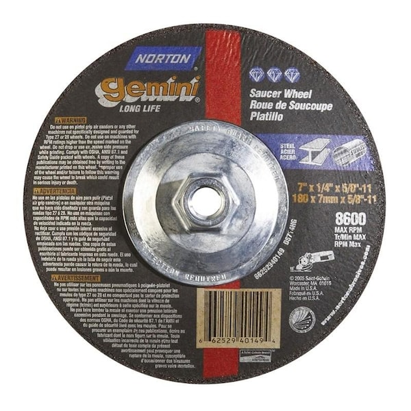 Norton Co Grinding Wheel, Depressed Center, Type 28 Aluminum Oxide, Size: 7 x 1/4 x 5/8-11, Max RPM: 8600 662529-40149 - main